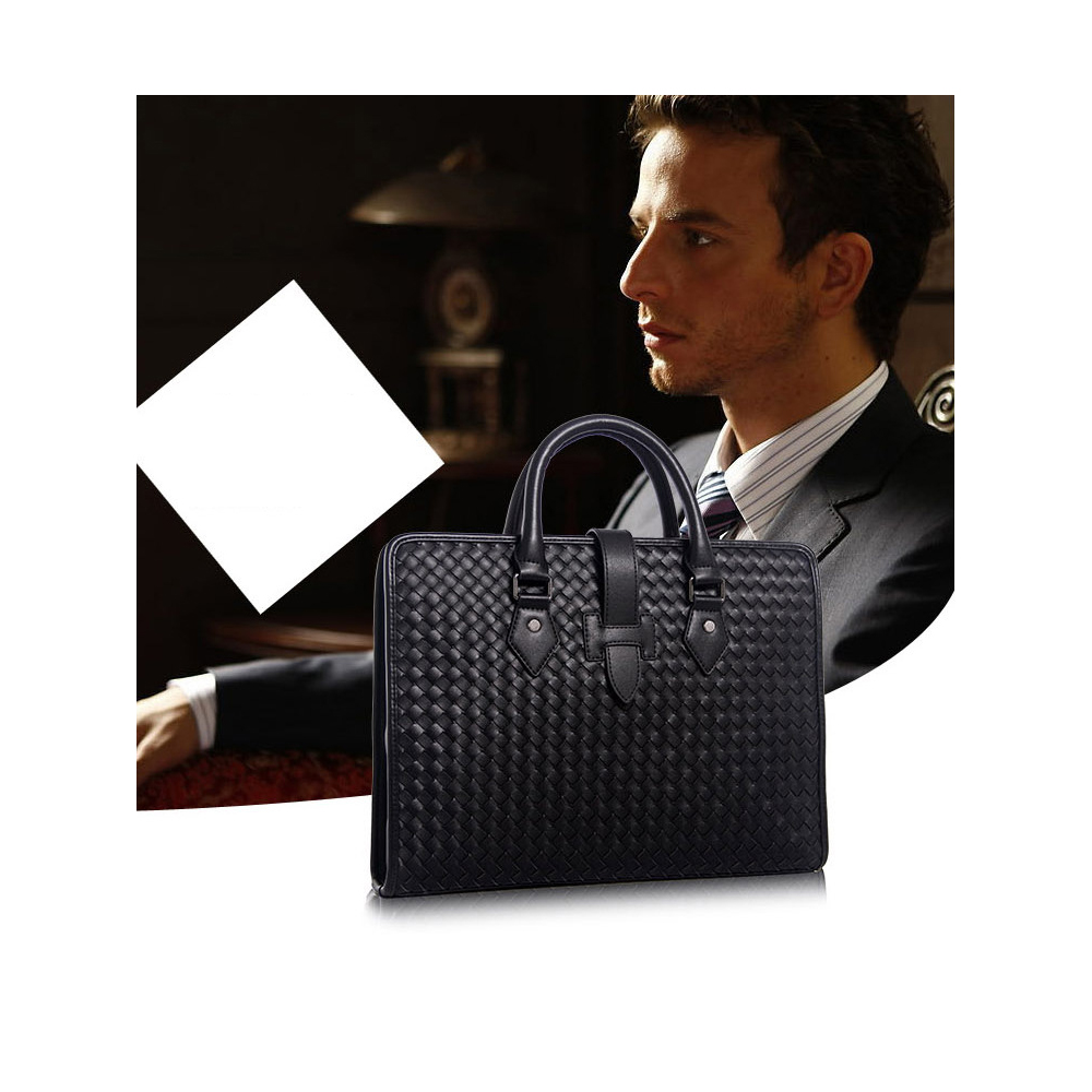 Whatna牛革 手作り編み込み ビジネスバッグメンズ 2WAY 手提げ ショルダー バッグ 厚手 レザー 本 革 A4 14インチ PC収納可 大容量 旅行出 張用 通勤 通学 就活 面接 バッグ かばん 男性用 黒（B#PR382） 6