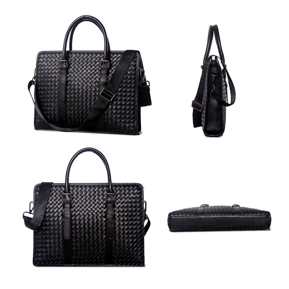 Whatna牛革 手作り編み込み ビジネスバッグメンズ 2WAY 手提げ ショルダー バッグ 厚手 レザー 本 革 A4 15インチ PC収納可 大容量 旅行出 張用 通勤 通学 就活 面接 バッグ かばん 男性用 黒（3878-2） 2
