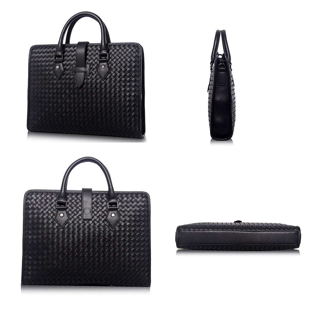 Whatna牛革 手作り編み込み ビジネスバッグメンズ 2WAY 手提げ ショルダー バッグ 厚手 レザー 本 革 A4 14インチ PC収納可 大容量 旅行出 張用 通勤 通学 就活 面接 バッグ かばん 男性用 黒（B#PR382） 3