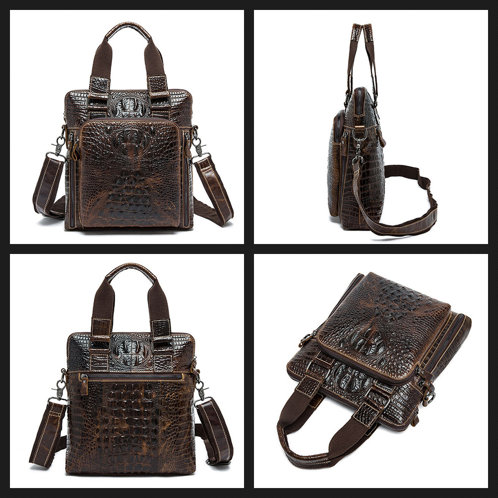 Whatna 2way クロコダイル型押し牛革ショルダーバッグ メンズ 本革 斜め掛け 手提げ バッグ 縦型 ビジネスバッグ A4 ブリーフケース 通学 通勤鞄 軽量 実用 自転車かばん プレゼント男性 黒 ブラウン（8831） 3