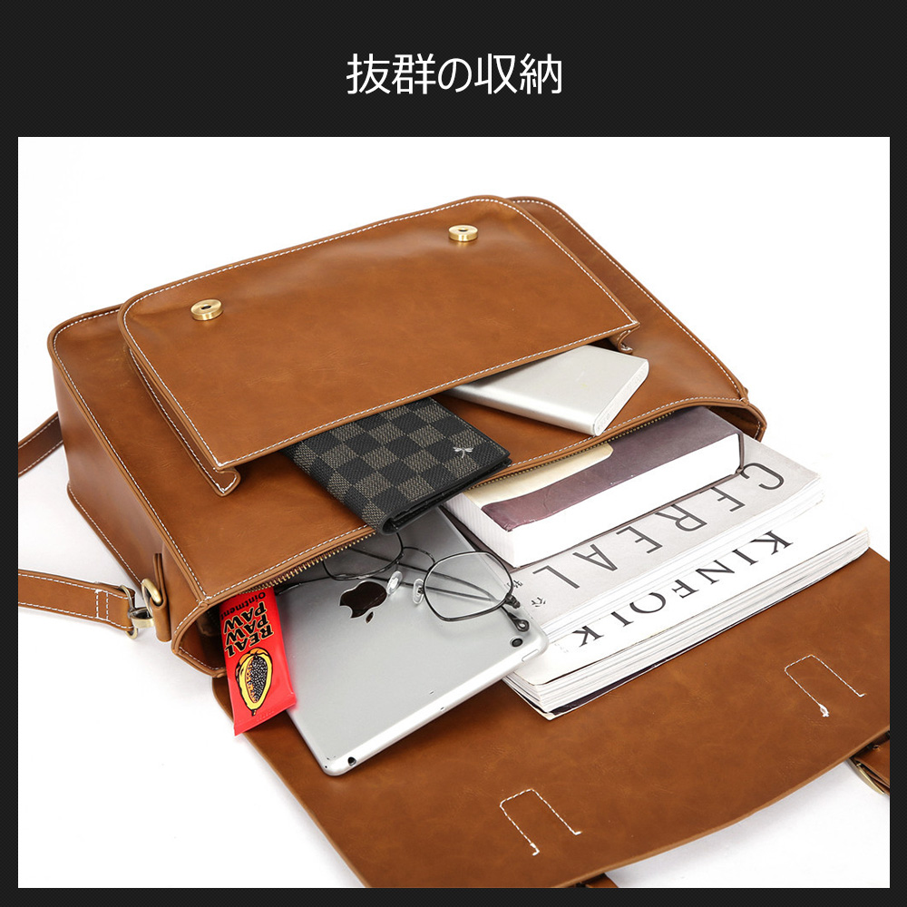 Whatna ビジネスバッグ メンズ 2wayショルダー 手提げ 厚手 皮革 大容量 ブリーフケース A4 15インチPC対応 旅行 出張 通勤 通学 就活 面接 バッグ かばん 男性用 ブラウン 黒（015） 5