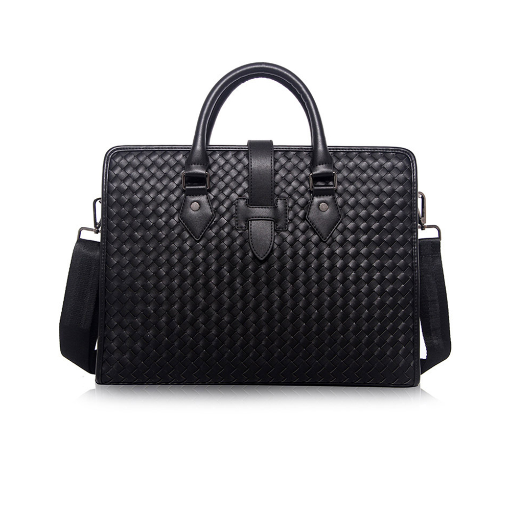 Whatna牛革 手作り編み込み ビジネスバッグメンズ 2WAY 手提げ ショルダー バッグ 厚手 レザー 本 革 A4 14インチ PC収納可 大容量 旅行出 張用 通勤 通学 就活 面接 バッグ かばん 男性用 黒（B#PR382） 0