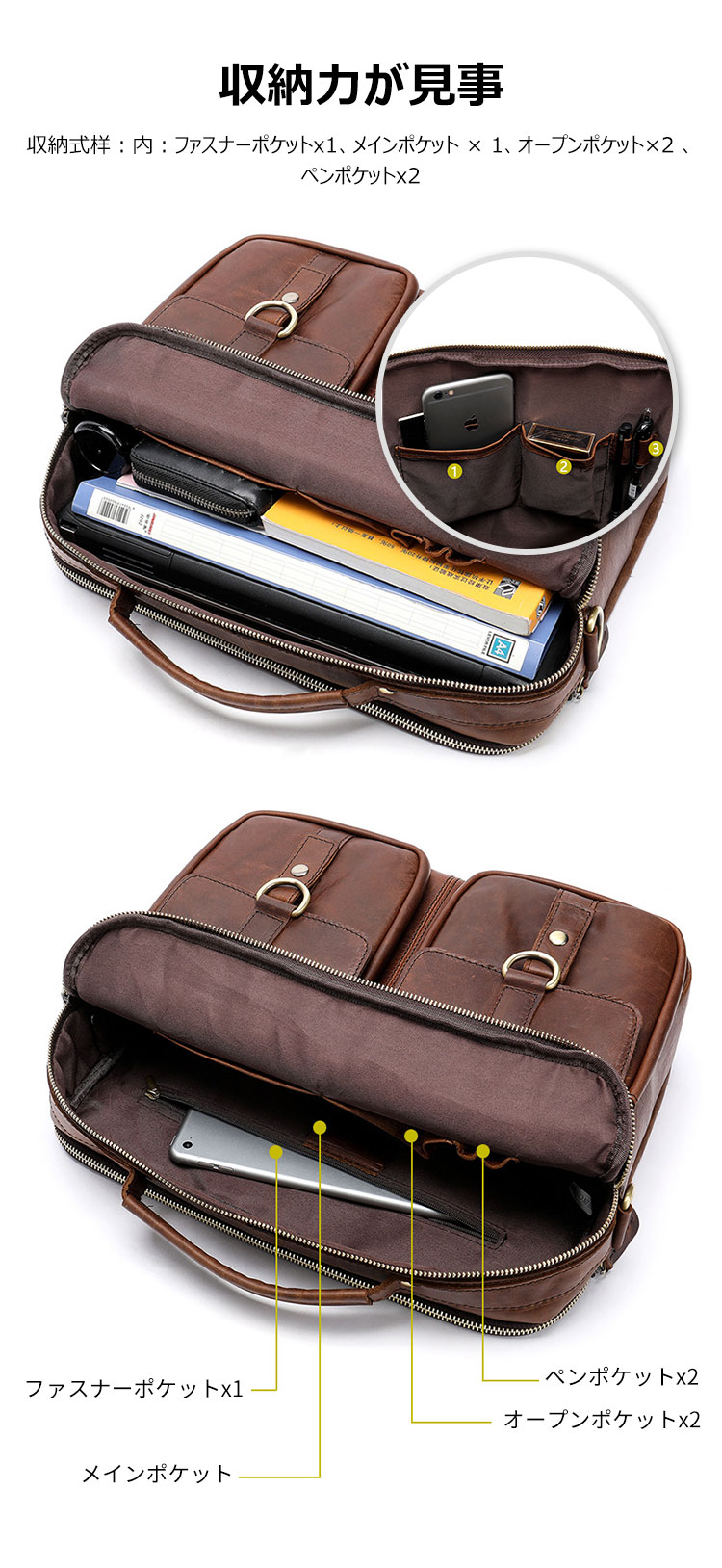 Whatna天然 牛革 ショルダーバッグ メンズ ビジネスバッグ 旅行バッグ2way 斜め掛け 手提げ バッグA4 14インチpc 収納可 本 革 厚手 レザー 横型 ブリーフケース フォーマルバッグ 肩掛けバッグ プレゼント男性 绅士用（8001） 8