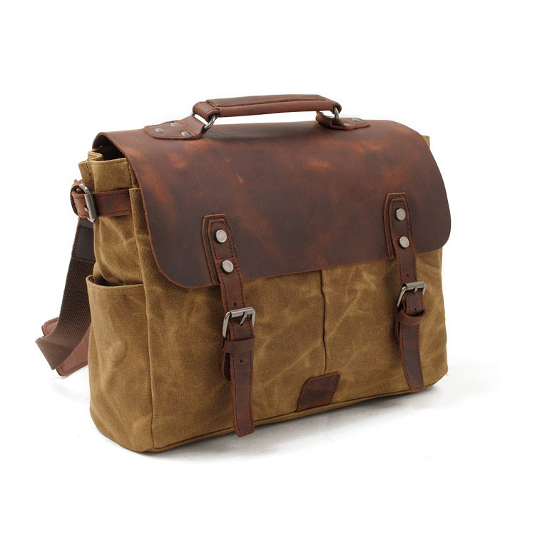 Whatna帆布x牛革 ショルダーバッグ メンズ ビジネスバッグ 旅行バッグ2way 斜め掛け 手提げ バッグA4 15インチpc 収納可 横型 ブリーフケース フォーマルバッグ 肩掛けバッグ プレゼント男性 绅士用(16960) 4