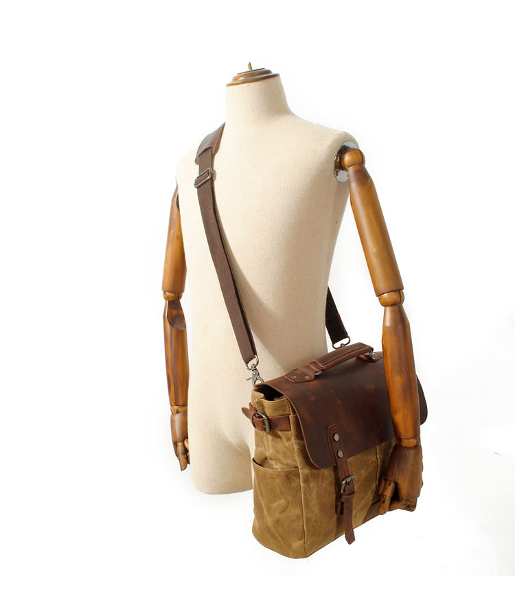 Whatna帆布x牛革 ショルダーバッグ メンズ ビジネスバッグ 旅行バッグ2way 斜め掛け 手提げ バッグA4 15インチpc 収納可 横型 ブリーフケース フォーマルバッグ 肩掛けバッグ プレゼント男性 绅士用(16960) 14