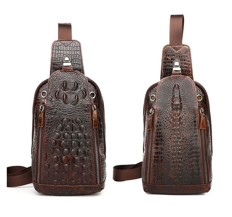Whatnaクロコダイル型押し牛革斜めがけ ボディバッグ ワンショルダー メンズ  本 革 厚手 レザーブラウン  1313 0
