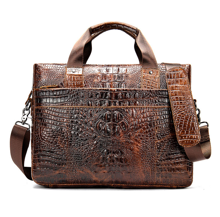 Whatna 2way クロコダイル型押し牛革ショルダーバッグ メンズ 本革 斜め掛け 手提げ バッグ 縦型 ビジネスバッグ A4 15.6センチPC収納可ブリーフケース 通学 通勤鞄 軽量 実用 自転車かばん プレゼント男性 黒 ブラウン（hs-1254） 1
