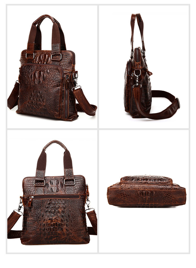 Whatna 2way クロコダイル型押し牛革ショルダーバッグ メンズ 本革 斜め掛け 手提げ バッグ 縦型 ビジネスバッグ A4 ブリーフケース 通学 通勤鞄 軽量 実用 自転車かばん プレゼント男性 黒 ブラウン（9908） 1