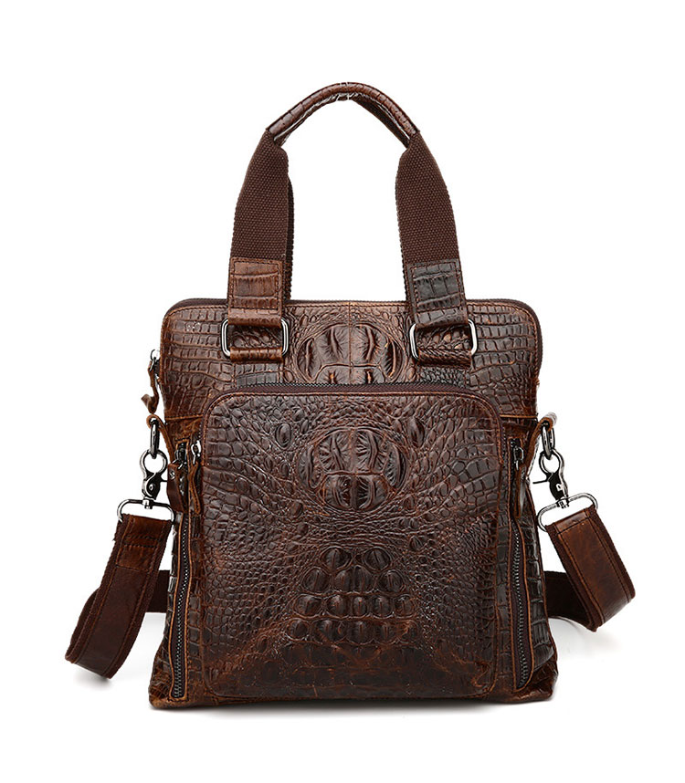 Whatna 2way クロコダイル型押し牛革ショルダーバッグ メンズ 本革 斜め掛け 手提げ バッグ 縦型 ビジネスバッグ A4 ブリーフケース 通学 通勤鞄 軽量 実用 自転車かばん プレゼント男性 黒 ブラウン（9908） 0