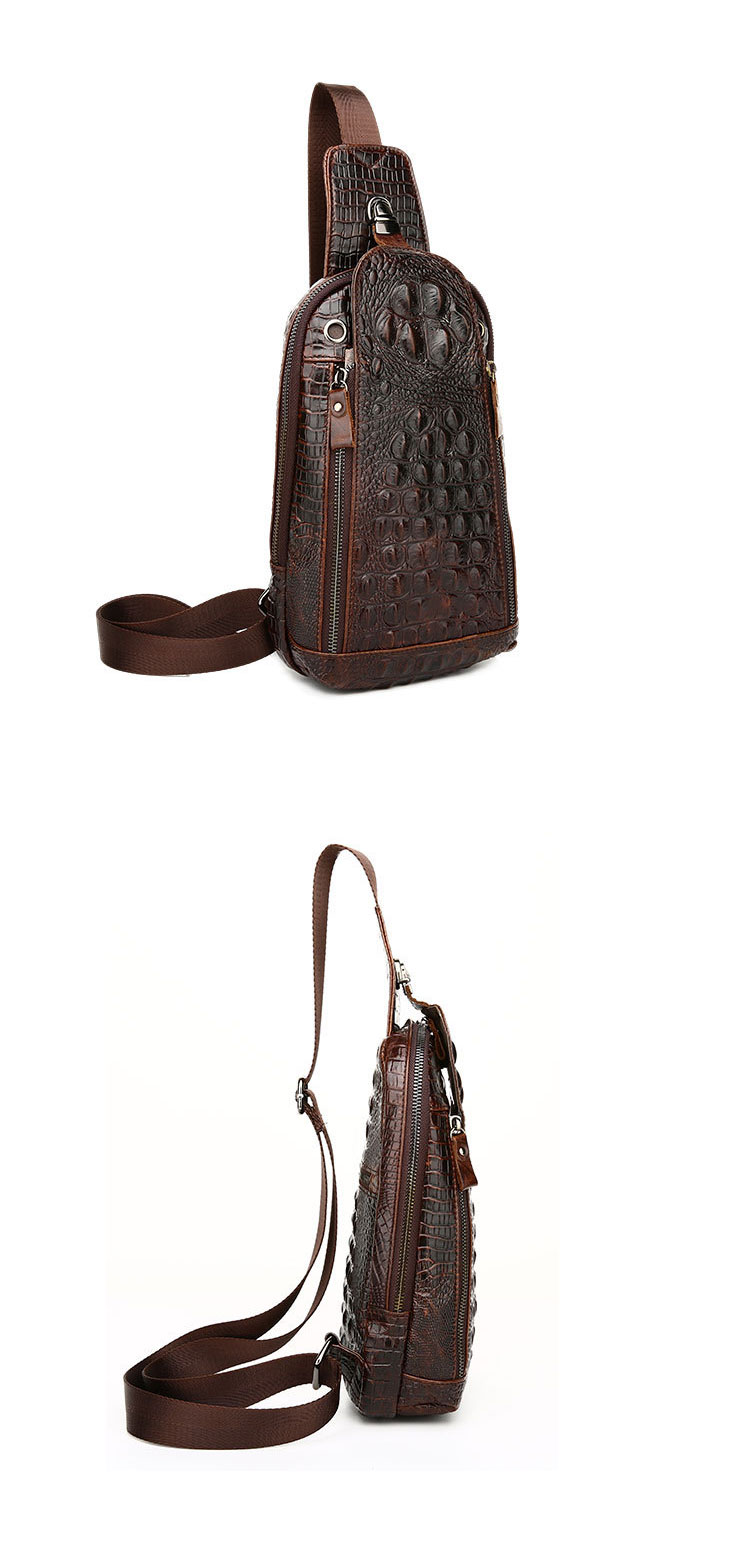 Whatnaクロコダイル型押し牛革斜めがけ ボディバッグ ワンショルダー メンズ  本 革 厚手 レザーブラウン  1313 3