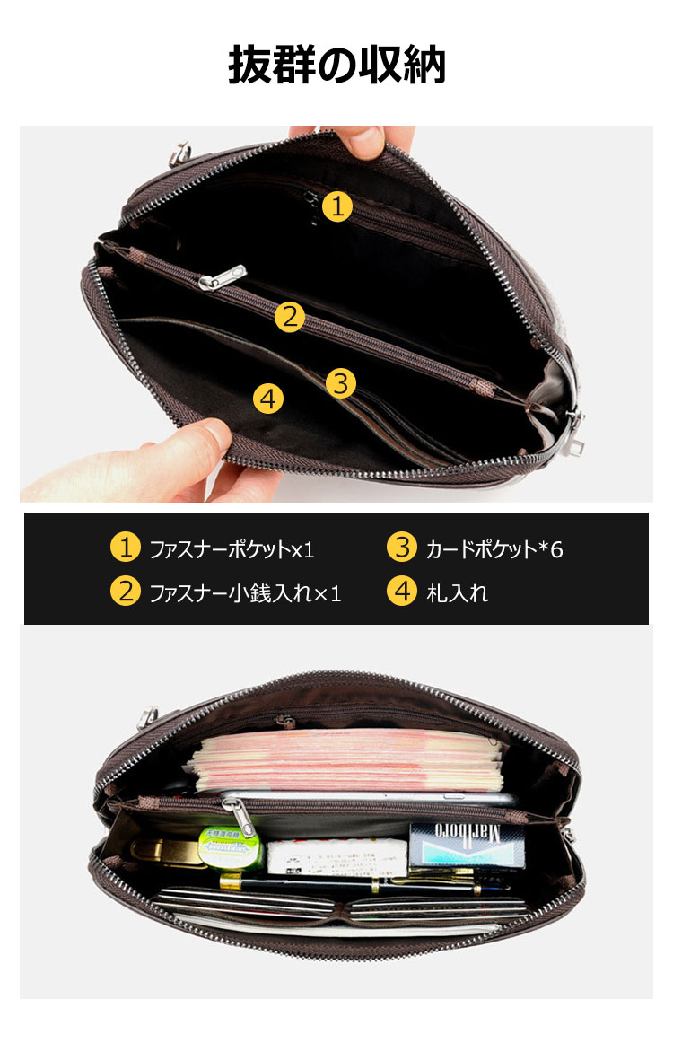 Whatna 2wayミニセカンドバッグ メンズ バッグ 6枚カード収納 パスワードロックボタン 盗難防止 小さめ クラッチバッグ 長財布 革 手持ちバッグ メンズ ポーチ 男性用 紳士用 結婚式 冠婚葬祭 黒 ブラウン S1637 5