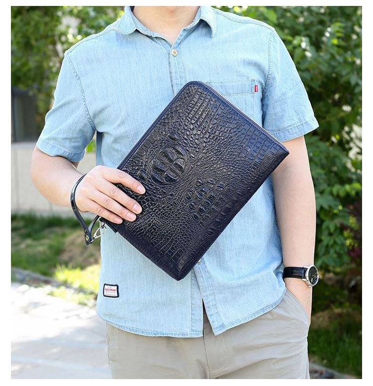 Whatna 2way革 クロコダイル型押し セカンドバッグ メンズ クラッチ バッグ lファスナー A4 6枚カード収納 小銭入 カジュアル フォーマル 冠婚葬祭 結婚式 バッグ紳士用 男性用 黑 ブラウン ネイビー（chi8815） 12