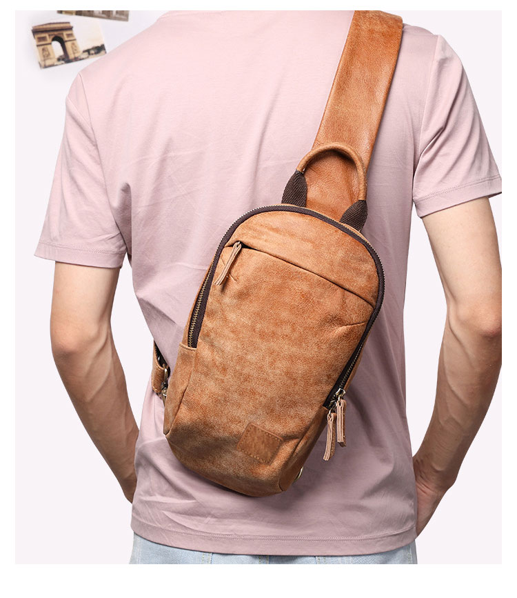 Whatna牛革 斜めがけ ボディバッグ ワンショルダー メンズ 本 革 厚手 レザー イヤホン穴USBポート付きブラウン 6938 10