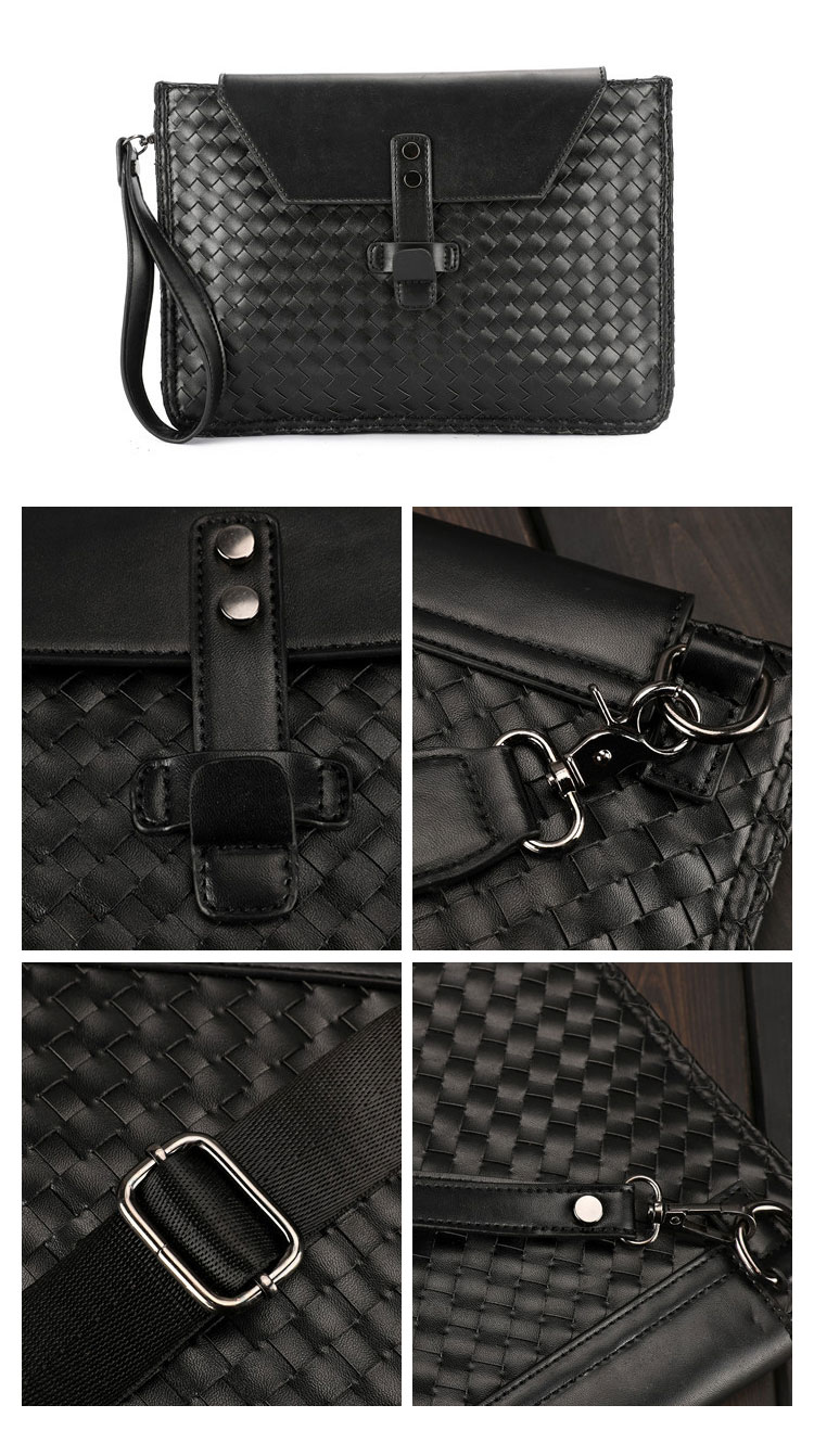 Whatna 手作り編み込み 2way牛革 セカンド バッグ メンズ バッグ [クラッチ ショルダー 肩掛け 結婚式 バッグ]  厚手 本 革 A4 手持ちバッグ ビジネス フォーマル 冠婚葬祭 バッグ 紳士用 男性用 黒（8813） 5