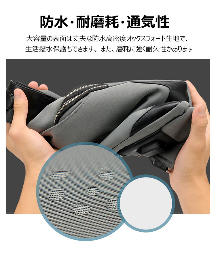 Whatna斜めがけ ボディバッグ ワンショルダー メンズ 本 革 厚手 レザー ポート付き 防水高密度オックスフォード 黑 青  S6092 8