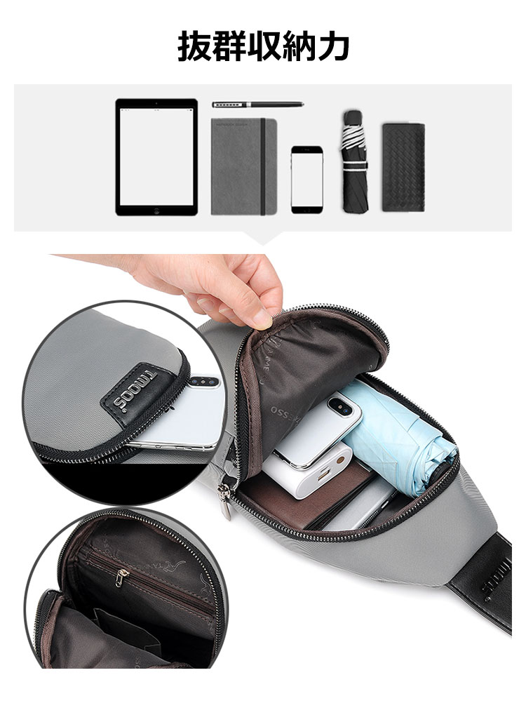 Whatna斜めがけ ボディバッグ ワンショルダー メンズ 本 革 厚手 レザー ポート付き 防水高密度オックスフォード 黑 青  S6092 6