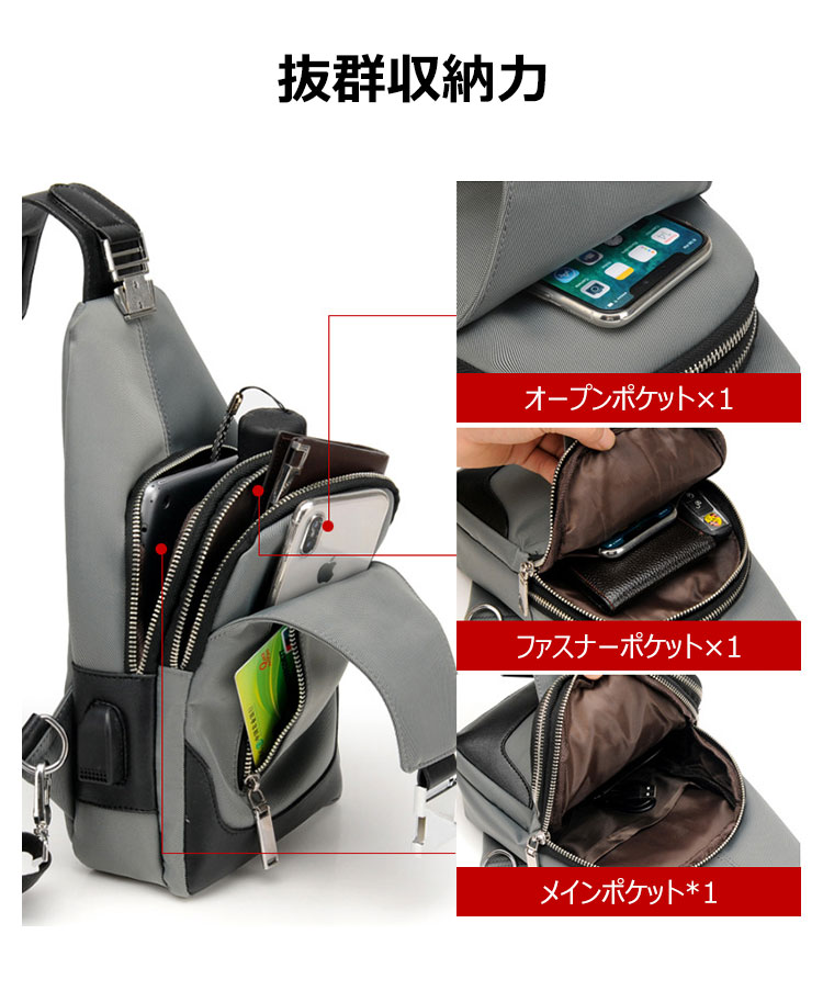 Whatna斜めがけ ボディバッグ ワンショルダー メンズ 本 革 厚手 レザー USBポート付き 防水高密度オックスフォード 黑 青  XB32 7