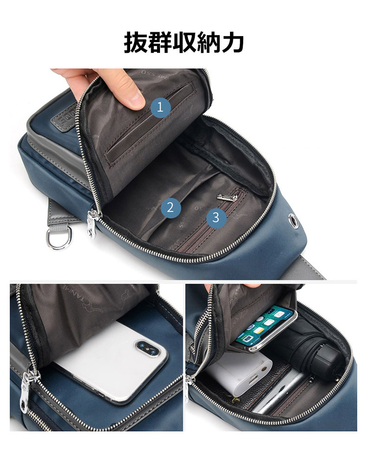 Whatna斜めがけ ボディバッグ ワンショルダー メンズ 本 革 厚手 レザー ポート付き 防水高密度オックスフォード 黑 青  80199 8