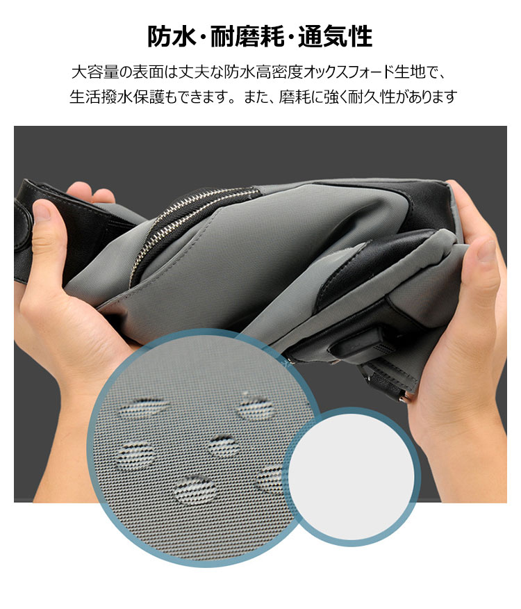 Whatna斜めがけ ボディバッグ ワンショルダー メンズ 本 革 厚手 レザー USBポート付き 防水高密度オックスフォード 黑 青  XB32 9