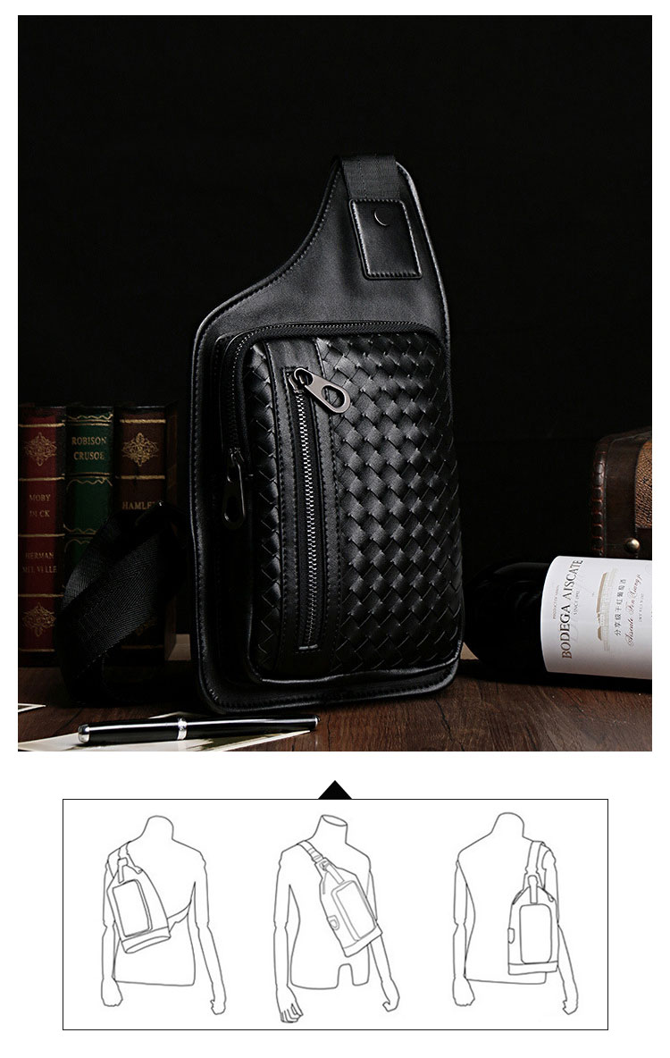 Whatna手作り編み込み 牛革 斜めがけ ボディバッグ ワンショルダー メンズ 本 革 厚手 レザー 黒 5005-1 9
