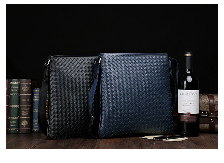 Whatna手作り編み込み 牛革 ショルダーバッグ メンズ メッセンジャーバッグ 縦型 B5 A4 12インチipad収納可 本 革 厚手 レザー ビジネスバッグ 小さい 斜めがけ バッグ 男性用 紳士用 黒 青(003-2) 8