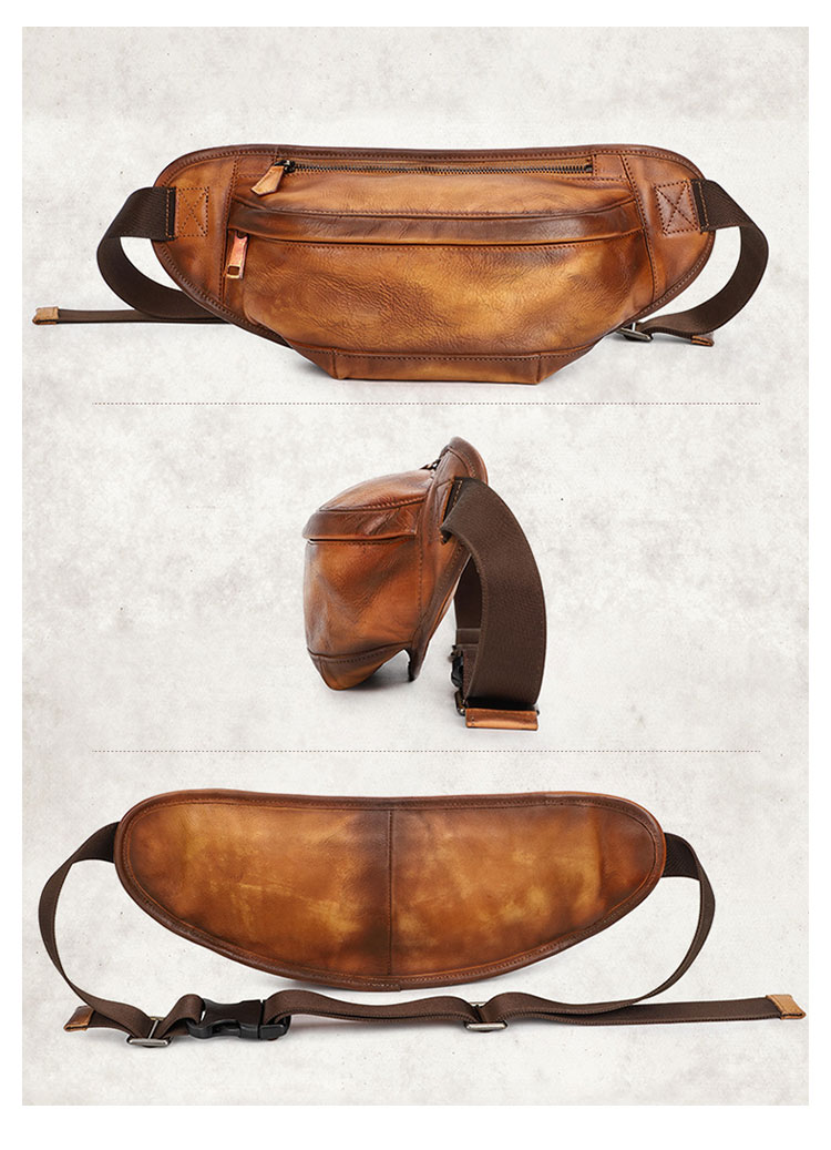 Whatna アンティーク風合い鞣し牛革 ウエストポーチ ウエストバッグ メンズ ミニショルダーバッグ 手作業で作 男女兼用 本革 斜めがけ ボディバッグ ワンショルダー 軽量 ブラウン Z17 1