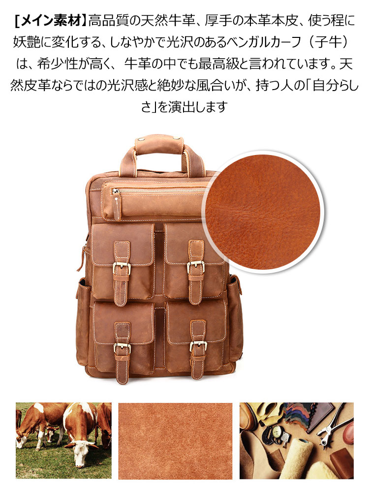 Whatna 天 然牛革 ビジネスバッグ メンズ 2WAY 手提げ・リュック バッグ 天然 本革 A4 16インチpc収納可大容量 旅行 出張用 通勤 通学 就活 面接 バッグ かばん 男性用 ブラウン(B826) 6