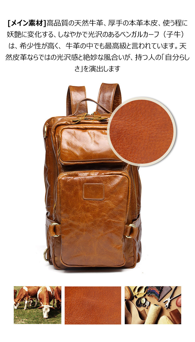 Whatna 天 然牛革 ビジネスバッグ メンズ 2WAY 手提げ・リュック バッグ 天然 本革 A4 16インチpc収納可大容量 旅行 出張用 通勤 通学 就活 面接 バッグ かばん 男性用 ブラウン（8856） 8
