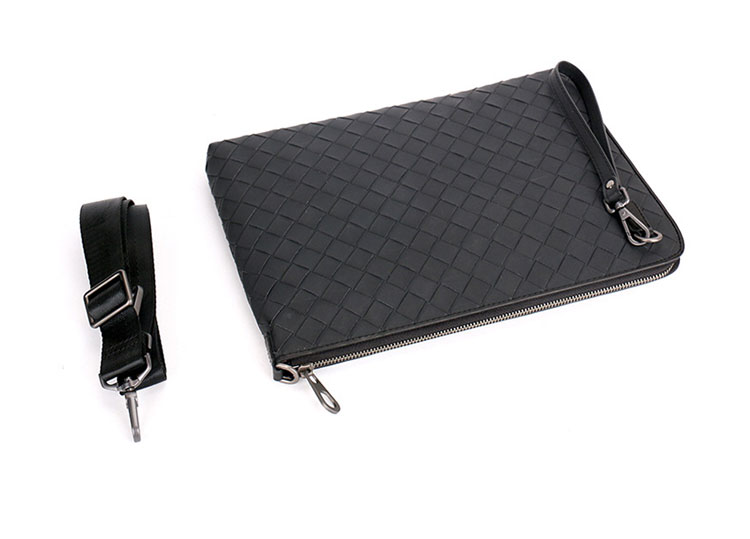 Whatna 2way 牛革 手作り編み込み メンズ セカンド バッグ ショルダーベルト付属 Lファスナー 大きめ A4 ipad pro 13収納可 本革 クラッチ ショルダー 結婚式 バッグ ビジネス フォーマル 冠婚葬祭 バッグ紳士用 男性用 黒(1718) 3