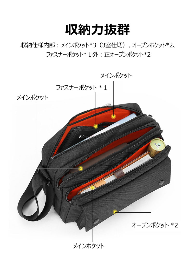 Whatnaショルダーバッグ メンズ メッセンジャーバッグ 防水 頑丈 軽量 横型 A4 ipad pro 12.9収納可 収納ポケット多 オックスフォード布 撥水 耐磨耗 かたかけバッグ メンズ 斜めがけ バッグ 男性用 紳士用 黒 青GK0075 5