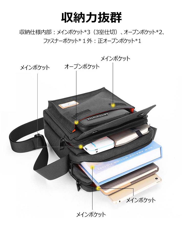Whatnaショルダーバッグ メンズ メッセンジャーバッグ 防水 頑丈 軽量 縦型 B5 ipad 9.7収納可 収納ポケット多 オックスフォード布 撥水 耐磨耗 かたかけバッグ メンズ 斜めがけ バッグ 男性用 紳士用 黒 青GK0076 5