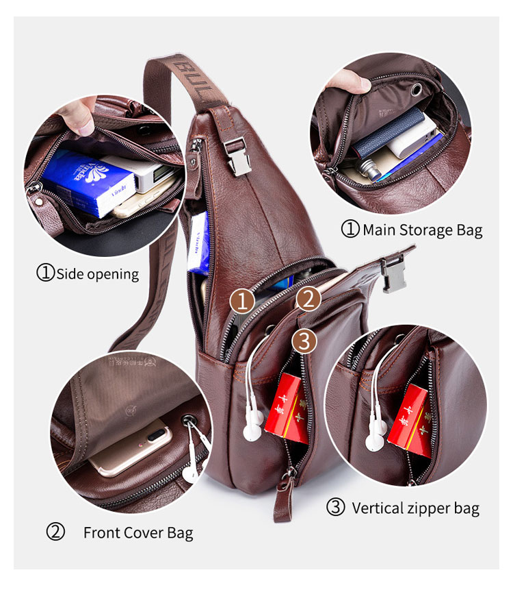 Whatna牛革 斜めがけ ボディバッグ ワンショルダー メンズ イヤホン穴付き 本 革 厚手  レザー086 5