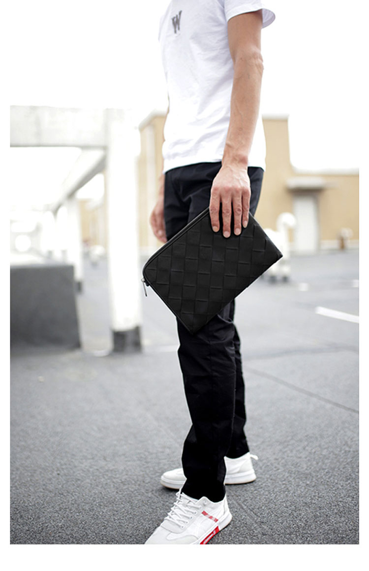 Whatna牛革 手作り編み込み  L字 ファスナー クラッチバッグ メンズ セカンド バッグ 本革 大きめ A4 ipad pro 13収納可 本革   結婚式 バッグ ビジネス フォーマル 冠婚葬祭 バッグ紳士用 男性用 黒 7