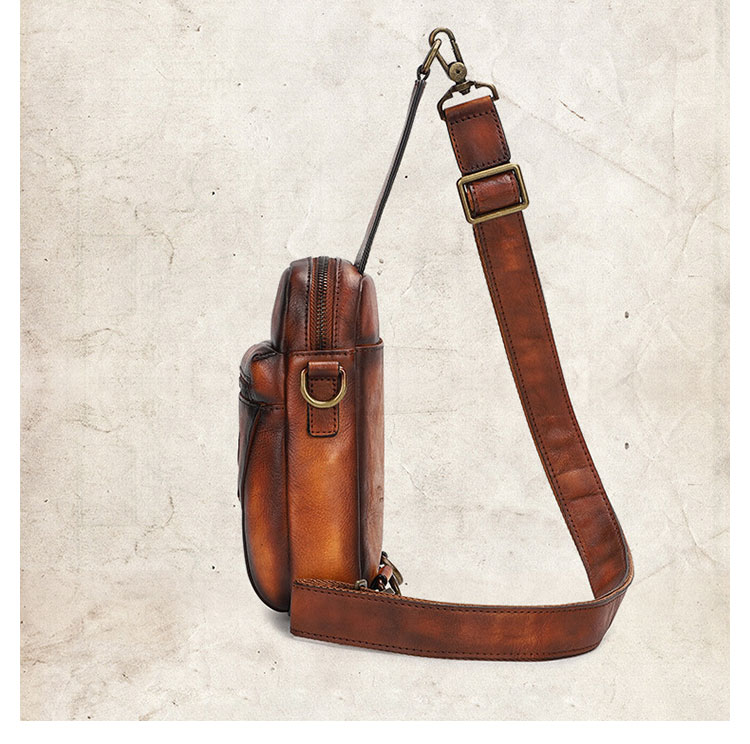 Whatna 天然 牛革 ショルダーバッグ メンズ 2way 斜め掛け ボディーバッグ 胸バッグ 厚手 本革 レザー  縦型 小さめ メッセンジャーバッグ 通学 通勤バッグ 軽量 実用 自転車かばん プレゼント男性 ブラウン 2