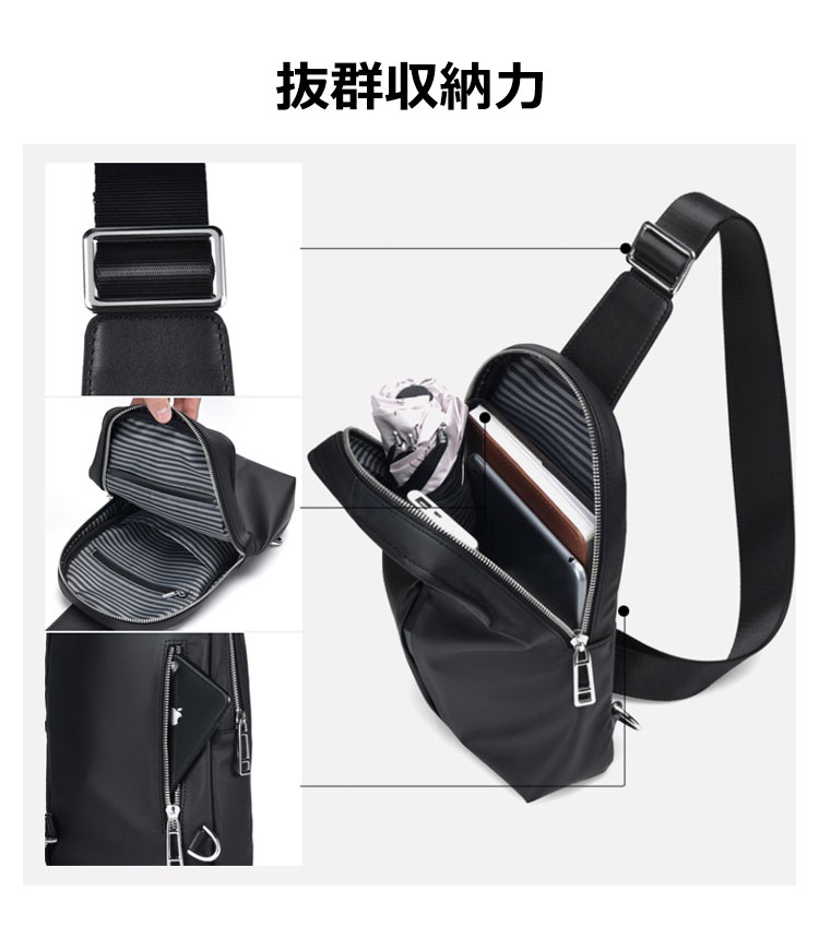 Whatna 斜めがけ ボディバッグ ワンショルダー メンズ 本 革 厚手 レザー ポート付き 防水高密度オックスフォード 黑 青 ck9965 2