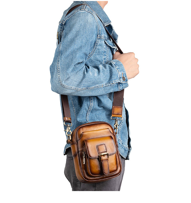 Whatna 天然 牛革 ショルダーバッグ メンズ 2way 斜め掛け ボディーバッグ 胸バッグ 厚手 本革 レザー  縦型 小さめ メッセンジャーバッグ 通学 通勤バッグ 軽量 実用 自転車かばん プレゼント男性 ブラウン 18