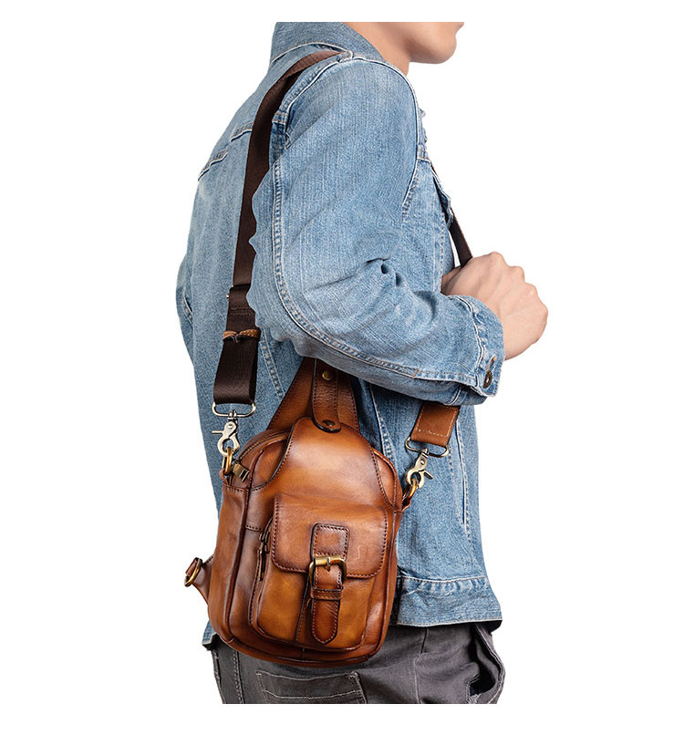 Whatna 天然 牛革 ショルダーバッグ メンズ 2way 斜め掛け ボディーバッグ 胸バッグ 厚手 本革 レザー  縦型 小さめ メッセンジャーバッグ 通学 通勤バッグ 軽量 実用 自転車かばん プレゼント男性 ブラウン 10