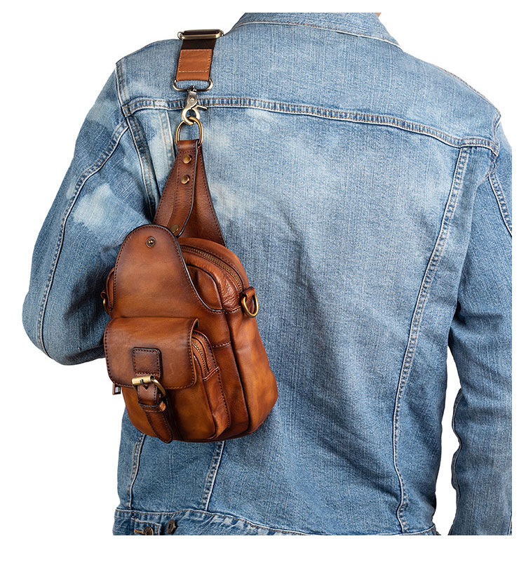 Whatna 天然 牛革 ショルダーバッグ メンズ 2way 斜め掛け ボディーバッグ 胸バッグ 厚手 本革 レザー  縦型 小さめ メッセンジャーバッグ 通学 通勤バッグ 軽量 実用 自転車かばん プレゼント男性 ブラウン 11