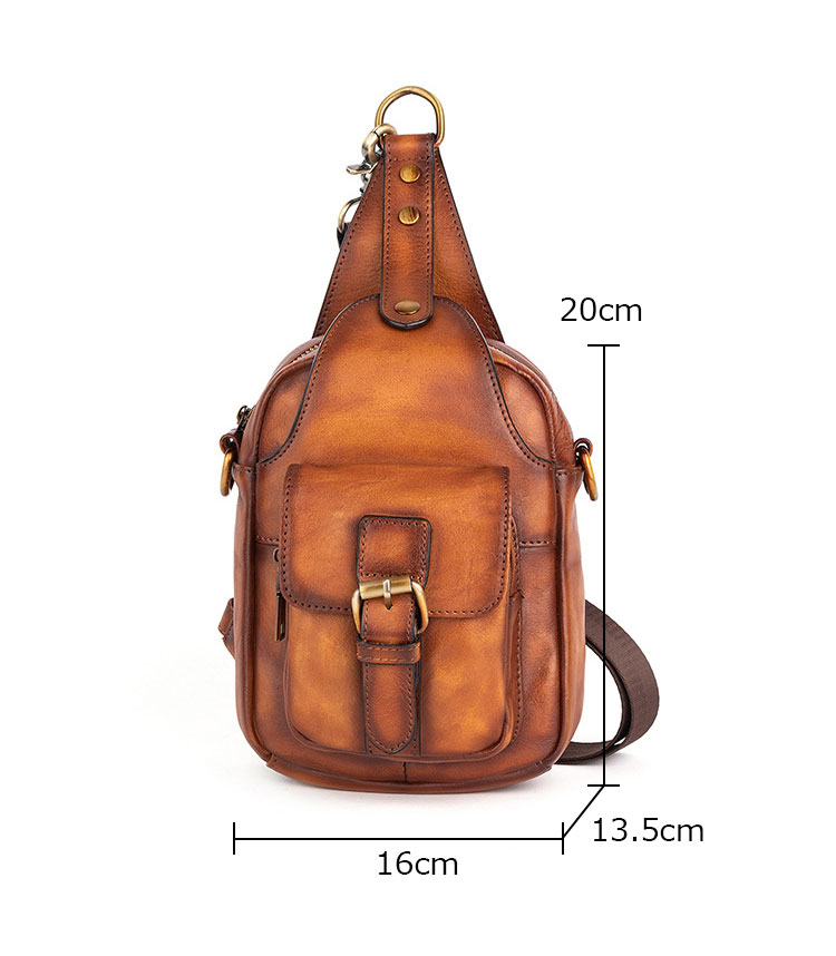 Whatna 天然 牛革 ショルダーバッグ メンズ 2way 斜め掛け ボディーバッグ 胸バッグ 厚手 本革 レザー  縦型 小さめ メッセンジャーバッグ 通学 通勤バッグ 軽量 実用 自転車かばん プレゼント男性 ブラウン 1