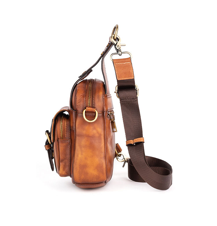 Whatna 天然 牛革 ショルダーバッグ メンズ 2way 斜め掛け ボディーバッグ 胸バッグ 厚手 本革 レザー  縦型 小さめ メッセンジャーバッグ 通学 通勤バッグ 軽量 実用 自転車かばん プレゼント男性 ブラウン 5