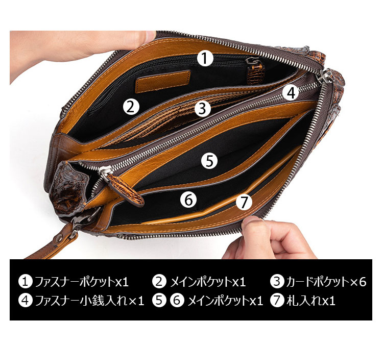 Whatna クロコダイル型押し天然 牛革 セカンドバッグ メンズ バッグ クラッチ バッグ 小さい カード6枚収納可3室仕切 厚手 本 革 レザー 結婚式 バッグ フォーマル ビジネス 冠婚葬祭 バッグ 男性用 紳士用 (8611)-7