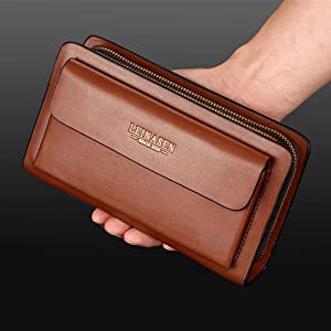 huanshou 2way革 ミニセカンドバッグ メンズ 小さめ クラッチバッグ 長財布 ダブルラウンドファスナー 小銭入れあり 7枚カード収納 手持ちバッグ 男性用 紳士用 結婚式バッグ フォーマル ビジネス 冠婚葬祭 ブラウン-1