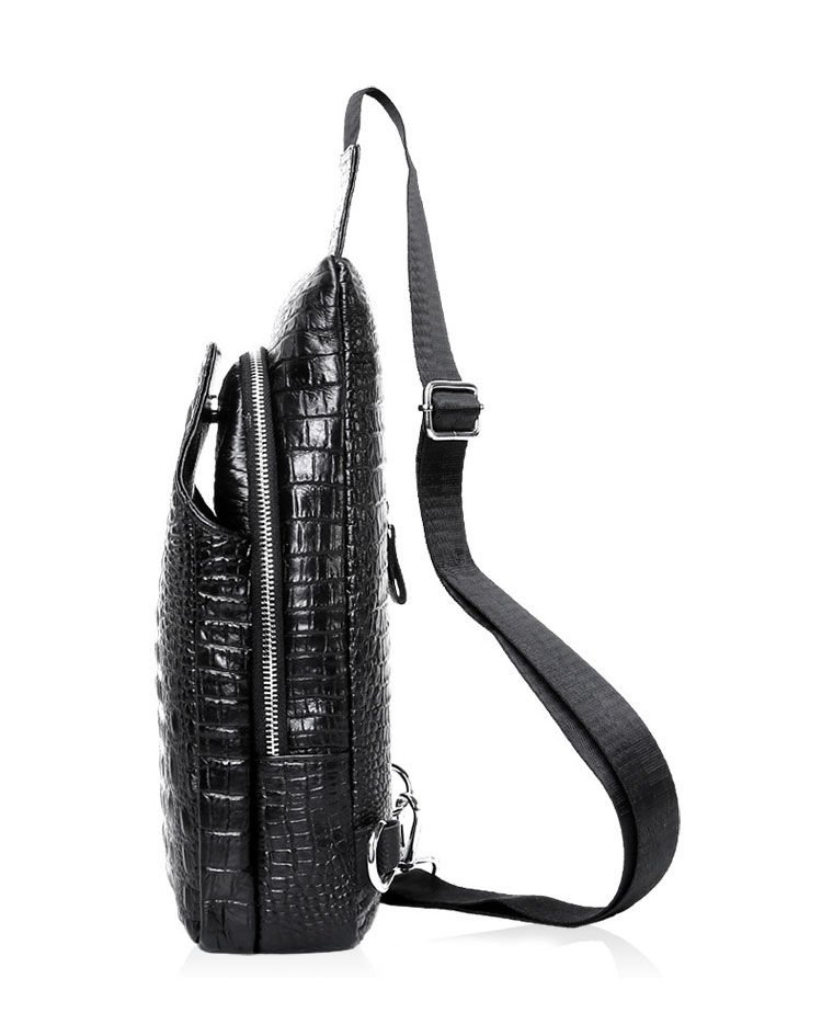 Whatna クロコダイル型押し牛革 斜めがけ ボディバッグ ワンショルダー メンズ  本 革 厚手 レザー黒  KX5010-11