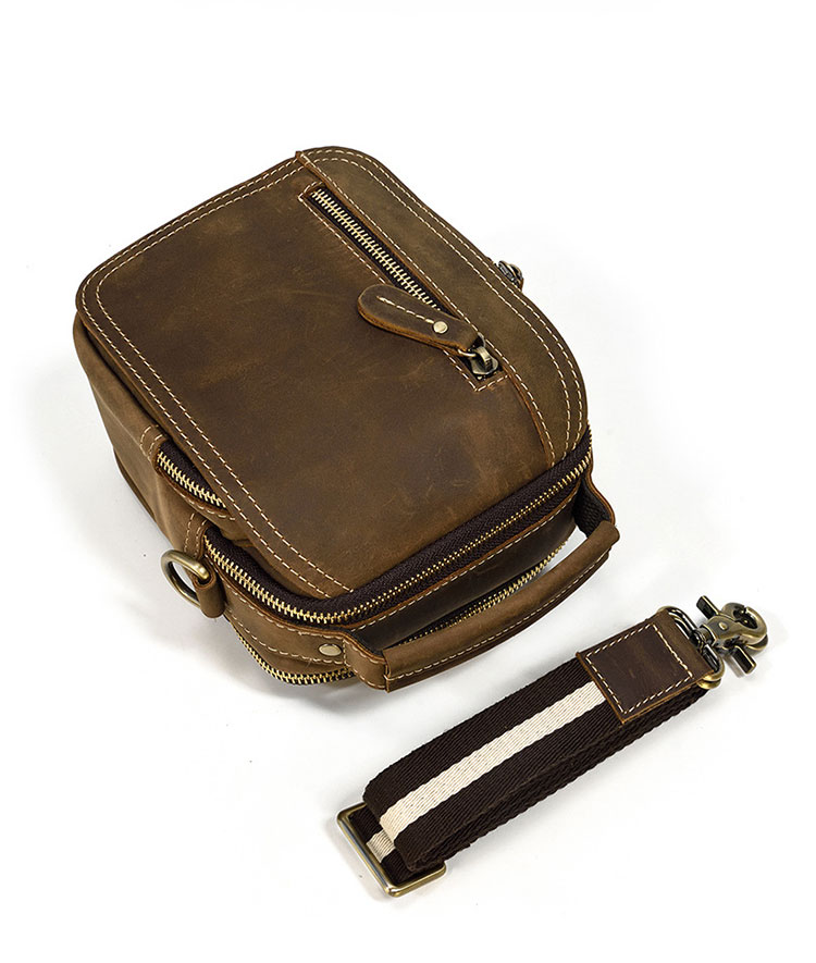 Whatna 天然 牛革ミニショルダーバッグ メンズ 3way 斜め掛け 手提げバッグ 男性用 ベルト ポーチ ミニ ウエストバッグ 小型ポシェット 2室仕切 厚手 レザー 本革 横型 小さめかたかけバッグ メンズ 軽量 実用 レゼント男性 ブラウン 9461-6