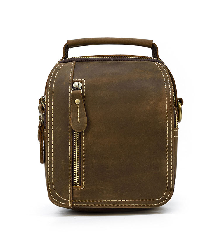 Whatna 天然 牛革ミニショルダーバッグ メンズ 3way 斜め掛け 手提げバッグ 男性用 ベルト ポーチ ミニ ウエストバッグ 小型ポシェット 2室仕切 厚手 レザー 本革 横型 小さめかたかけバッグ メンズ 軽量 実用 レゼント男性 ブラウン 9461-2