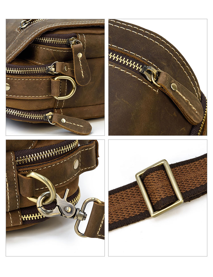 Whatna 天然 牛革ミニショルダーバッグ メンズ 3way 斜め掛け 手提げバッグ 男性用 ベルト ポーチ ミニ ウエストバッグ 小型ポシェット 2室仕切 厚手 レザー 本革 横型 小さめかたかけバッグ メンズ 軽量 実用 レゼント男性 ブラウン 9461-12