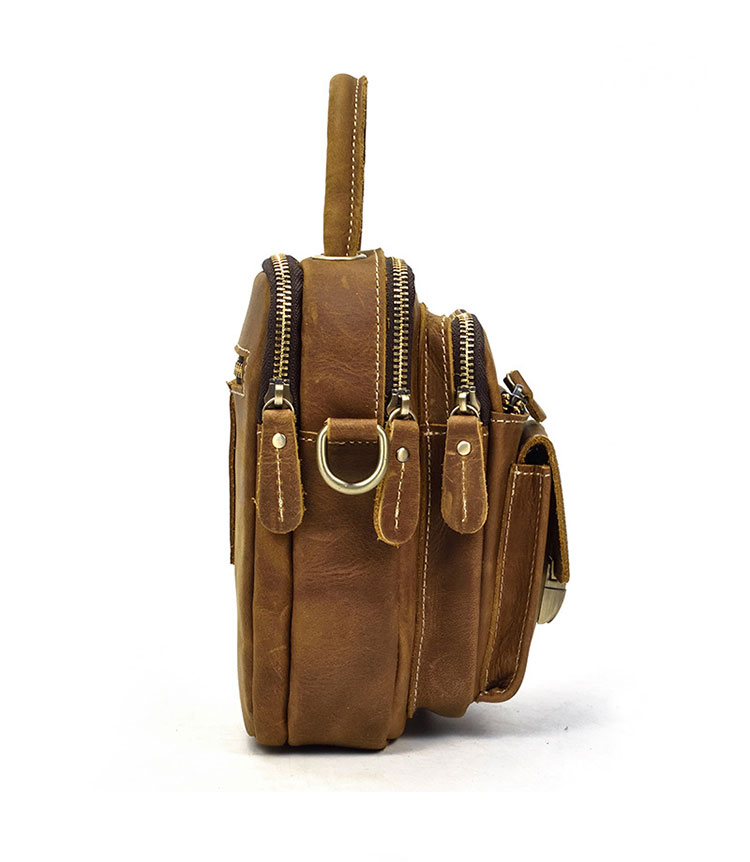 Whatna 天然 牛革ミニショルダーバッグ メンズ 3way 斜め掛け 手提げバッグ 男性用 ベルト ポーチ ミニ ウエストバッグ 小型ポシェット 2室仕切 厚手 レザー 本革 横型 小さめかたかけバッグ メンズ 軽量 実用 レゼント男性 ブラウン9417-4
