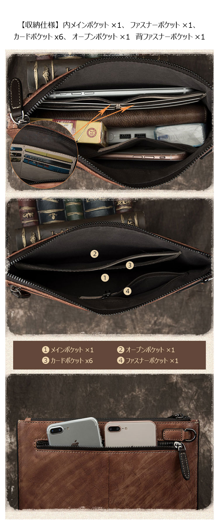 Whatna 2way 天然 牛革 セカンドバッグ メンズ クラッチ バッグ小きめ B5サイズ ipad9.7収納 本革 防水 耐磨耗 結婚式 披露宴 バッグ カジュアルフォーマル ビジネス 冠婚葬祭 バッグ 男性用 紳士用 ブラウン6086-7