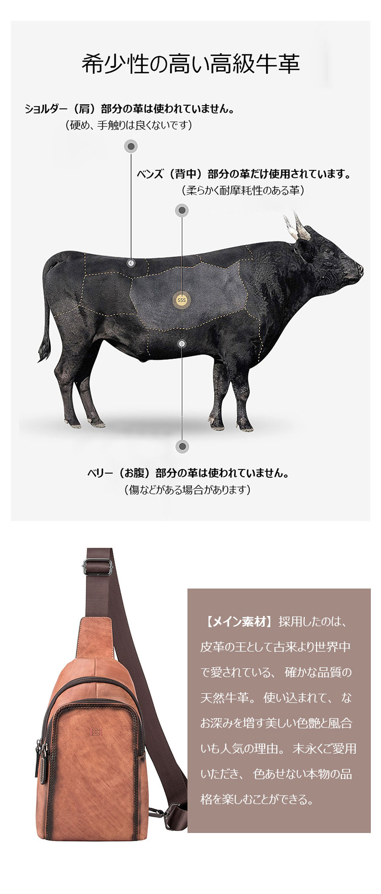 Whatna 天然牛革 斜めがけ ボディバッグ ワンショルダー メンズ  本 革 厚手  レザー ブラウン 黒4451-8