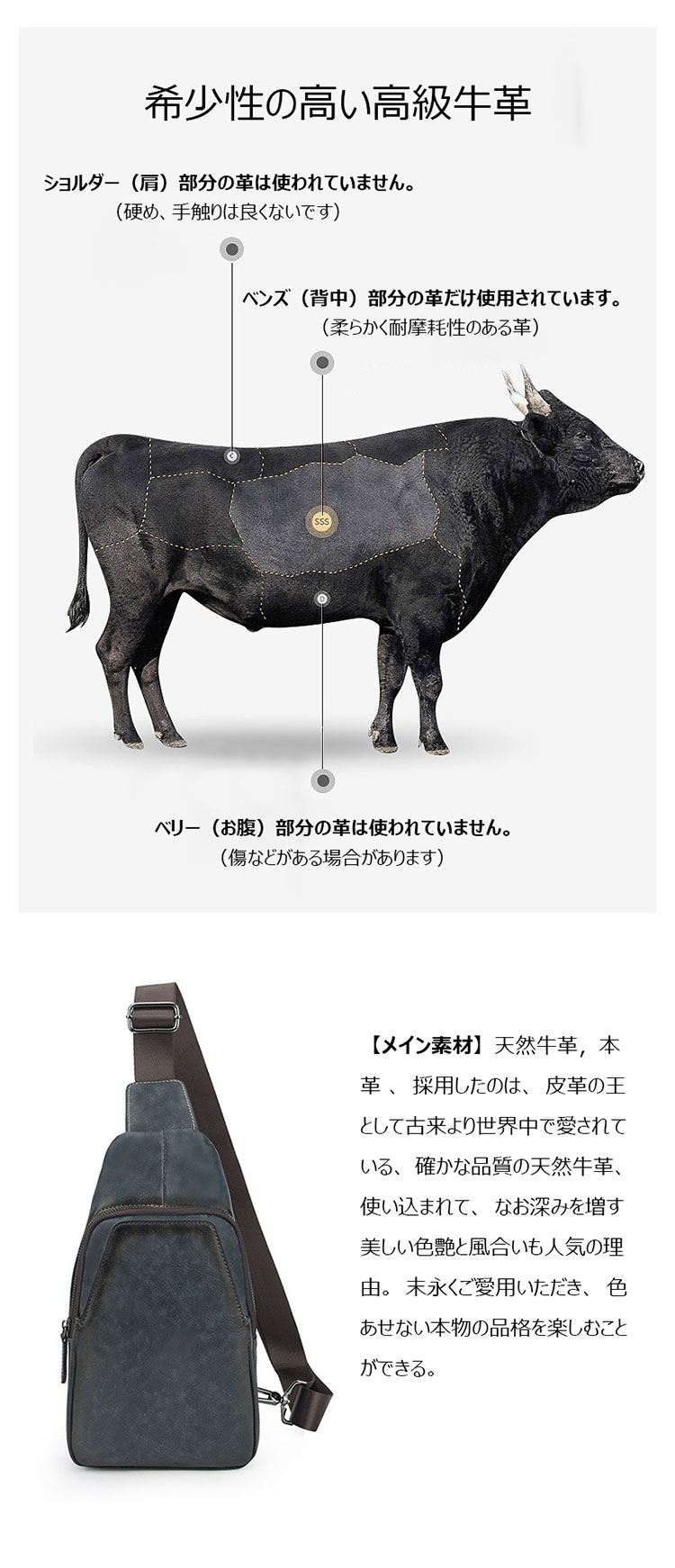 Whatna 天然 牛革 斜めがけ ボディバッグ ワンショルダー メンズ 本 革 厚手 レザー左右付け替え可能4495-10